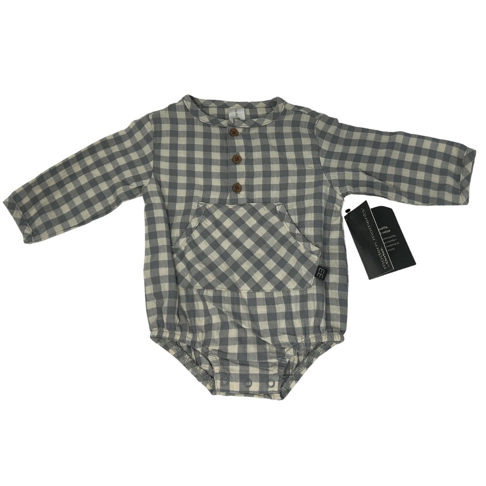 Modern Moments by Gerber Baby Gingham Henley Bodysuit Gray White 3-6M New
